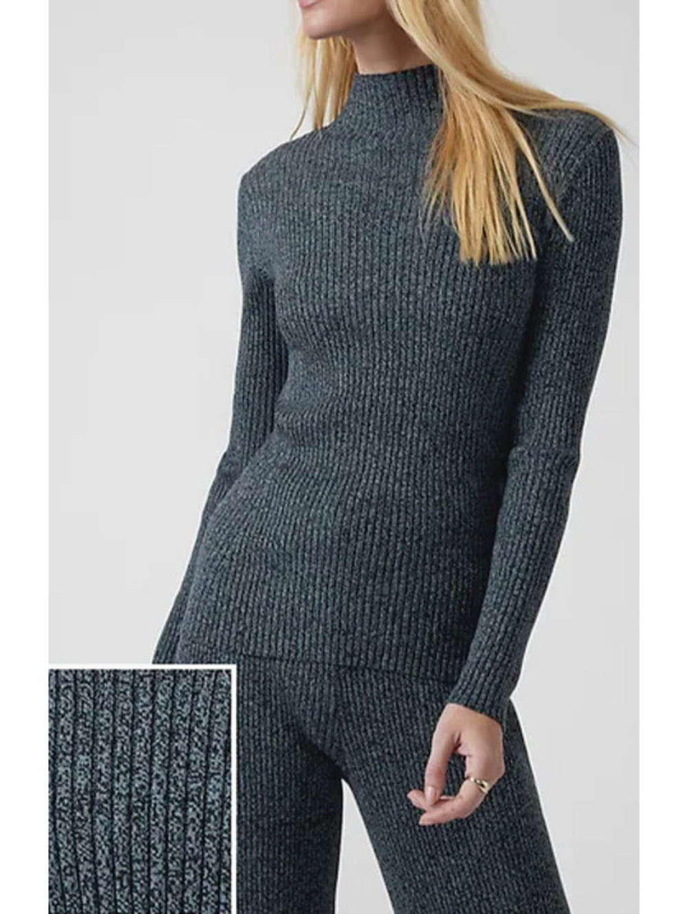 Athleta Reverie Mock Neck Sweater - Heathered Navy Blue Ribbed Knit - Size Small